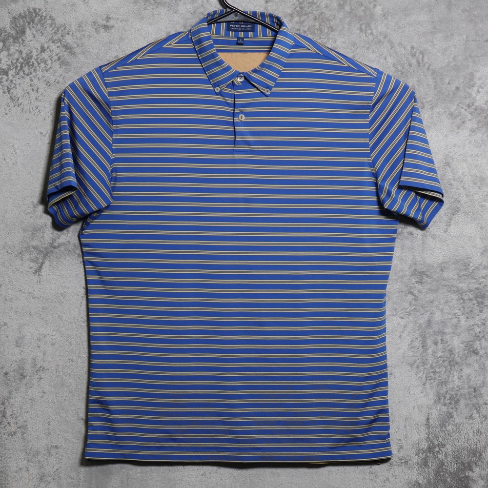 Peter Millar Polo Shirt Mens Large Blue Yellow Striped Crown Crafted Golf Preppy